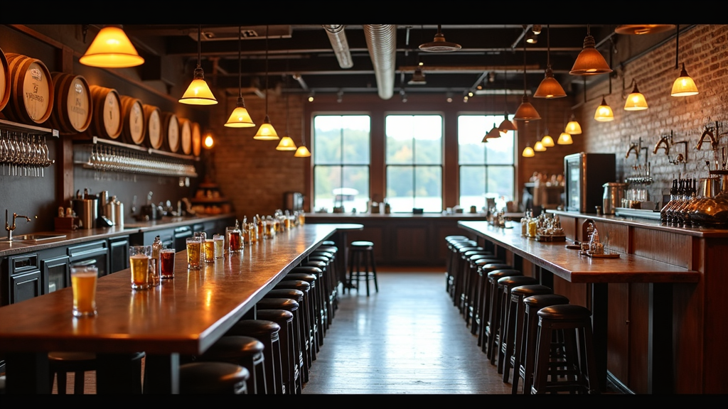 A cozy Michigan brewery interior with wooden barrels, tap handles, and rows of colorful craft beer glasses on a rustic countertop. Mountain scenery seen through large windows.