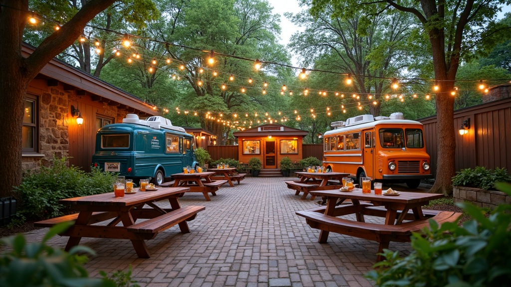 Patio scene at a Michigan craft brewery with food trucks nearby and people enjoying craft beer