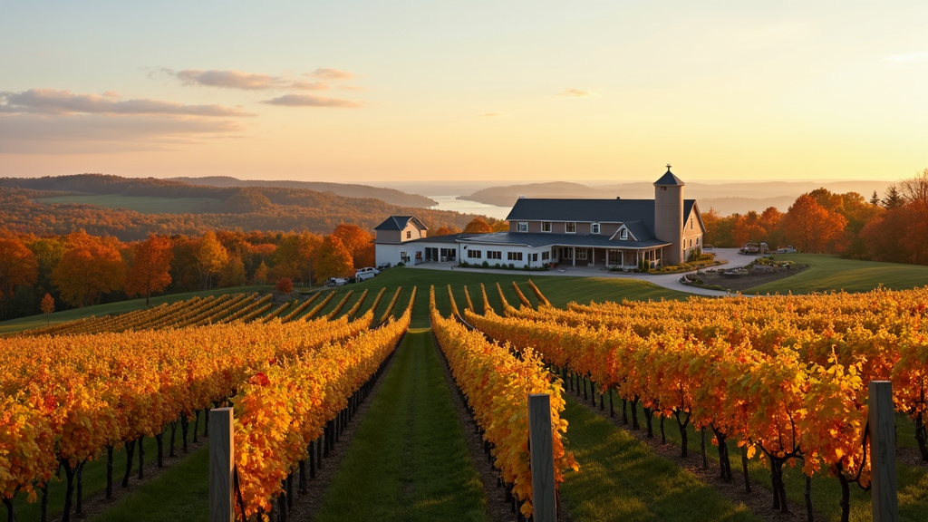 Scenic Michigan vineyard with brewery building in the background, rolling hills, and a fall color palette